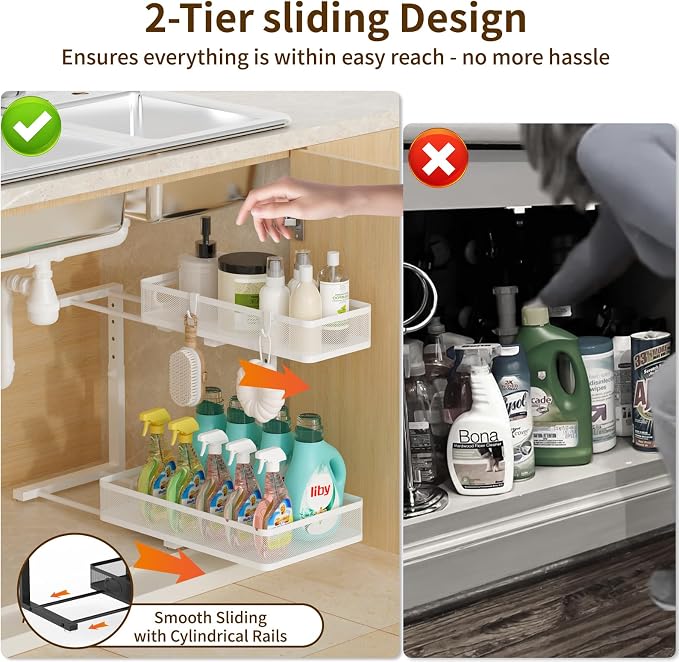 Under Sink Organizer 2 Pack, 2-Tier Slide Out Cabinet Organizer with Metal Sliding Drawer and Hooks, Pull Out Storage Baskets for Kitchen Bathroom Pantry Cabinet Organization (White) - Image 8