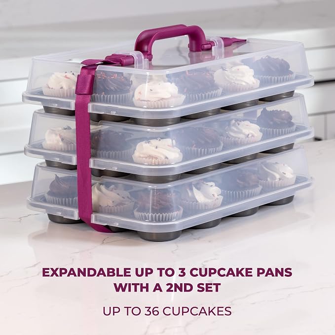 Cupcake Carrier for 24 Cupcakes - Innovative Cupcake Holder includes 2 Cupcake Pans with Lid and Handle - Cupcake Travel Container Carries 12 or 24 Standard-Size Cupcakes for Storage Safely - Image 7