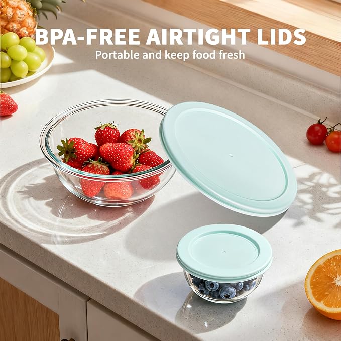 Luvan Glass Mixing Bowl with Lids Set of 5(0.2QT, 0.5QT, 1.1QT, 2.1QT, 3.75 QT), Space-Saving Nesting Bowls Anti-slip Salad Bowls for Storage, Cooking, Microwave,Freezer,Oven and Dishwasher Safe - Image 8