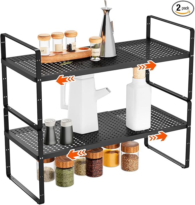 2Pack 16.5-27''L Expandable Stackable Cabinet Shelves, Black | 10.2"W x 9.6"H, Adjustable Spice Rack, For Kitchen, Countertop, Pantry and Cupboard by DPZM