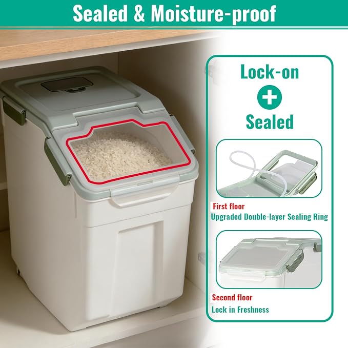 Rice Container 25 lbs Large Bulk Flour Sugar Storage Holdhouse Plastic Grain Cereal Dry Goods Bin with Spoon and Measuring Cup for Kitchen Pantry Organization - Green - Image 4