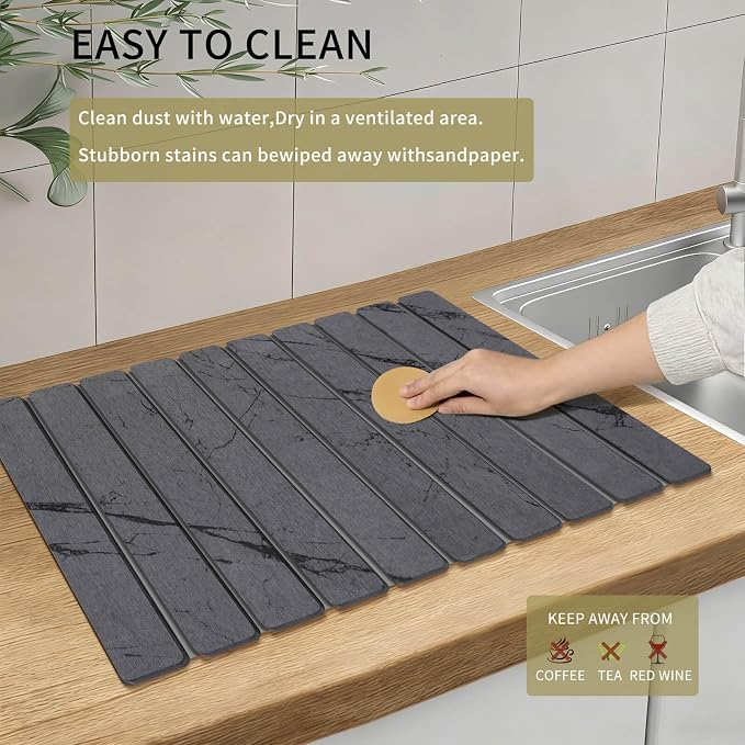 Stone Dish Drying Mat for Kitchen Counter, Large Foldable Marble Quick Dry Diatomaceous Earth Mat with 4 Stone Coasters Set, Ultra Absorbent Collapsible Drying Pad for Bathroom - Image 7