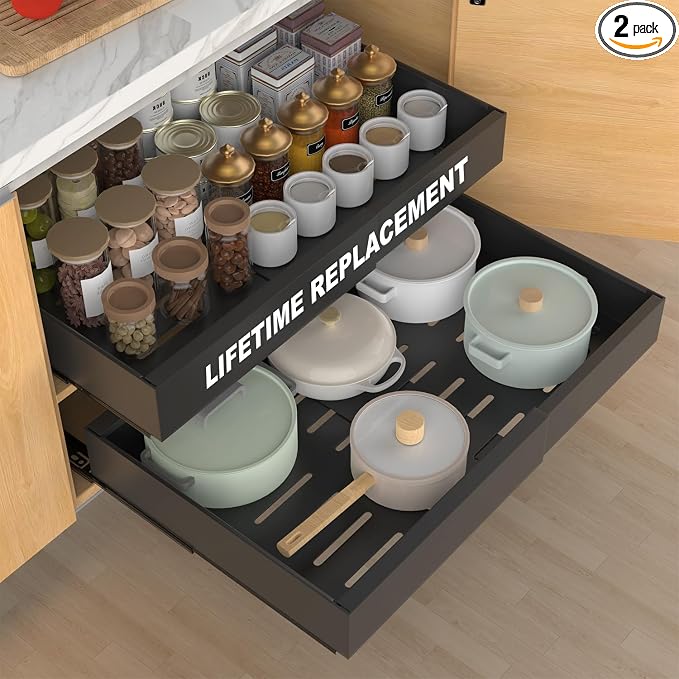 2-Pack Expandable Pull Out Cabinet Organizer 21"Deep(12.2"-20.5"W), 3 Full Extension Glides Slide Out Drawers, Roll Out Shelves Adhesive Raising Pad,Compatible Framed Cabinets,90lb Cap,Black by ANTOWIN