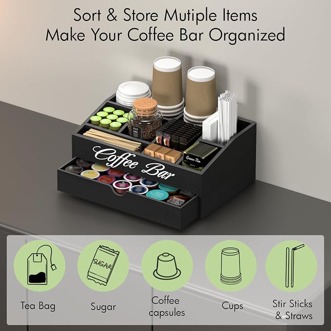 Suli 2-Tier Coffee Bar Station Organizer for Countertop,Extra large | Coffee Storage Basket for Kitchen Counter,Office,Hotel,Pod Holder with Drawer for Condiment Syrup,Tea Cup,Wooden,Rustic Black - Image 2
