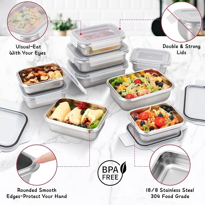 Cykorxicc 10 PC Square 304 Stainless Steel Food Containers with Lids, Airtight Bento Lunch Box, Metal Meal Prep Food Containers Reusable Stackable | Nestable Oven/Dishwsher/Freezer Safe - Image 4