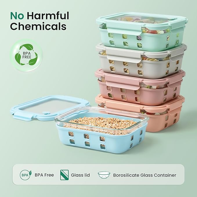Glass Meal Prep Containers 5 Pack, 4.4 Cup Airtight Leakproof Lids, Borosilicate Glass Food Storage Containers, Microwave Oven Freezer Safe, BPA Free Lunch Containers - Image 2