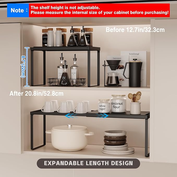 Magheo Expandable Kitchen Countertop Organizer, 2 Pack Stackable Cabinet Shelf Risers, Metal Spice Rack Heavy Duty Counter Organizer Storage for Kitchen, Pantry, Cupboard, Rv (8.7in Height,Black) - Image 2