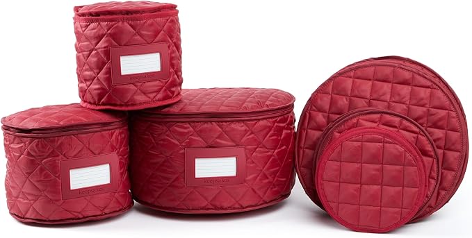Covermates Keepsakes Dish Storage Set – Padded China & Dinnerware Storage Cases with Dividers, Cup & Stemware Storage, Quilted Polyester Protection, ID Window, Red by Covermates