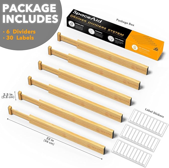 SpaceAid Bamboo Drawer Dividers with Labels, Kitchen Adjustable Drawer Organizers, Expandable Organization for Home, Office, Dressers and Bathroom, 6 Dividers (17-22 in) - Image 3