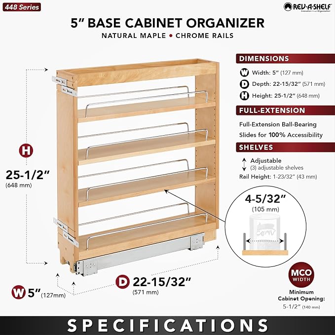 Rev-A-Shelf Pullout Kitchen Cabinet Organizer, Min Cabinet Opening 5.5" W | 5" W Slide Out Pantry Spice or Utensil Storage Rack with Adjustable Shelves for Base Cabinet Organization, 448-BC-5C - Image 2