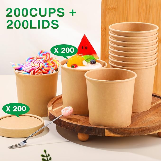 Irenare 200 Pack 12 oz Disposable Containers with Lids for Soup Ice Cream Food Fruit Bulk Paper Bowls Storage Cups with Lids, Microwavable and Freezer Safe(Brown) - Image 3