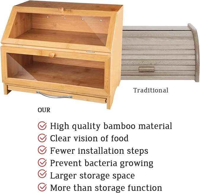 MAISONPEX Double Layer Bamboo Bread Box for Kitchen Countertop, Cutting Board, and Stainless Steel Bread Knife, Large Capacity Storage Container with Clear Windows (Self-Assembly) - Image 5