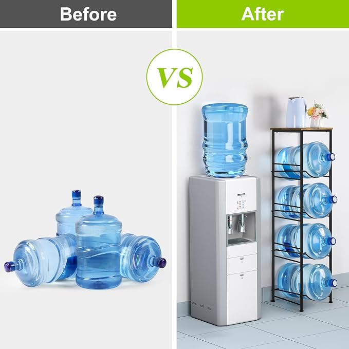 ETELI 5 Gallon Water Bottle Holder Organizer 4 Tier Water Cooler Jug Rack with Storage Shelves Water Bottle Dispenser Stand for Kitchen Living Room Office, Black and Brown - Image 5