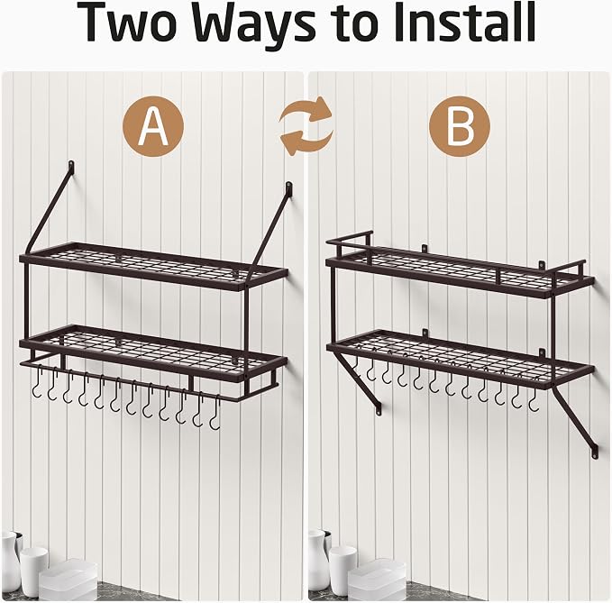 KES 30-Inch Oiled Bronze Pot Rack Wall Mounted, 100 Lbs Capacity, 12 Hooks | 2-Tier, Cast Iron Pots and Pans Organizer Hanging, Kitchen Wall Hanger Shelves, Farmhouse Style, KUR215S75B-OB - Image 8