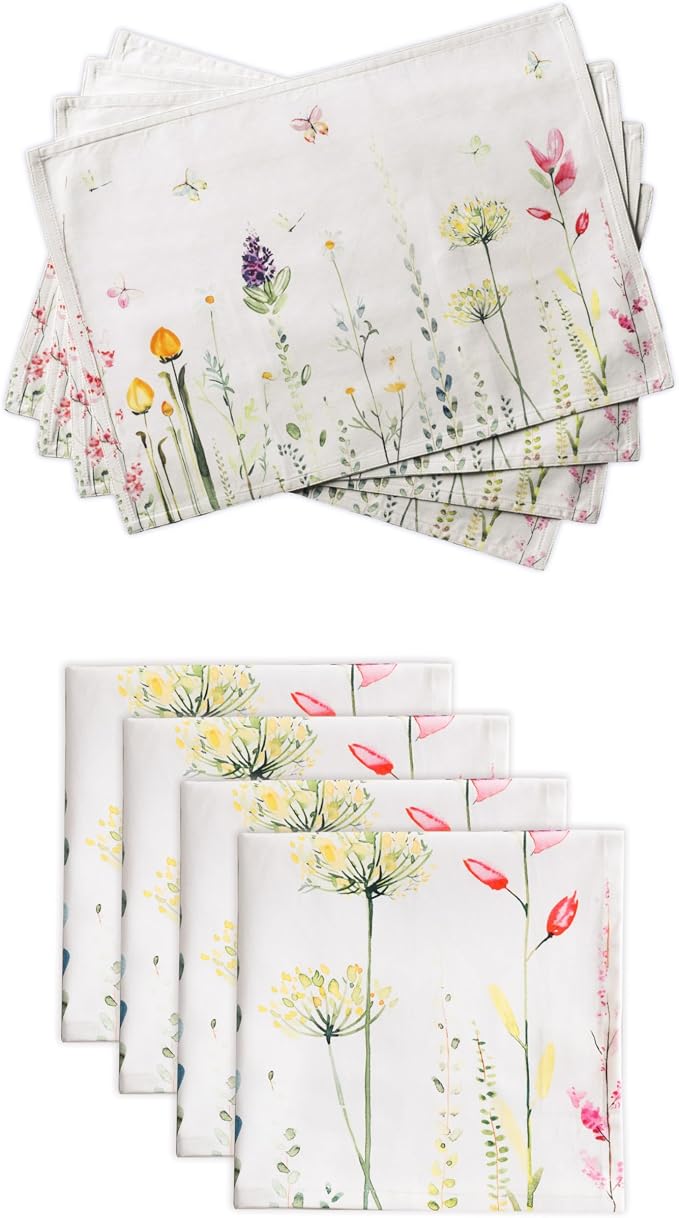 Maison d' Hermine Botanical Fresh Bundle Set 100% Cotton Set of 4 Napkins (20 Inch by 20 Inch) and Set of 4 Place Mats (13 Inch by 19 Inch) by MaisondHermine