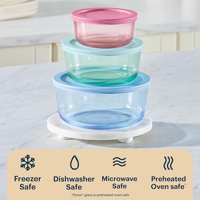 Pyrex Colors (3-Pack, Medium) Tinted Glass Round Food Storage Container Set, Snug Fit Non-Toxic Plastic BPA-Free Lids, Freezer Dishwasher Microwave Safe, 2 Cup, 4 Cup & 7 Cup - Image 5