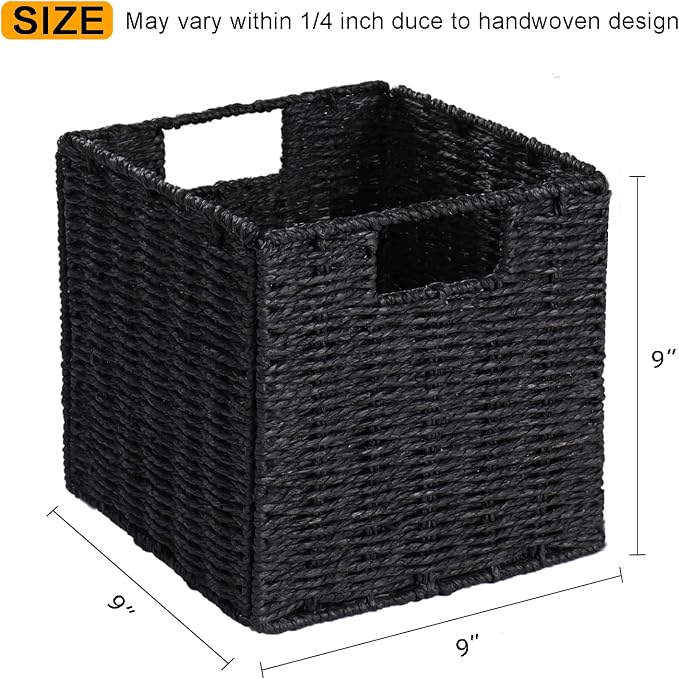 Wicker Baskets for Storage, Set of 4 Hand-Woven Storage Baskets for Shelves, Foldable Cube Storage Baskets Bins with Handles, Small Wicker Baskets for Organizing Pantry Bedroom, Black - Image 3