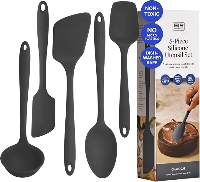GIR 5-Piece Silicone Kitchen Utensils Set, Non-Toxic Cooking Utensils for Cooking and Baking, Heat Resistant, Food Grade, Dishwasher Safe Rubber Spatula, Ladle, Spoon - Charcoal by GIRGetItRight