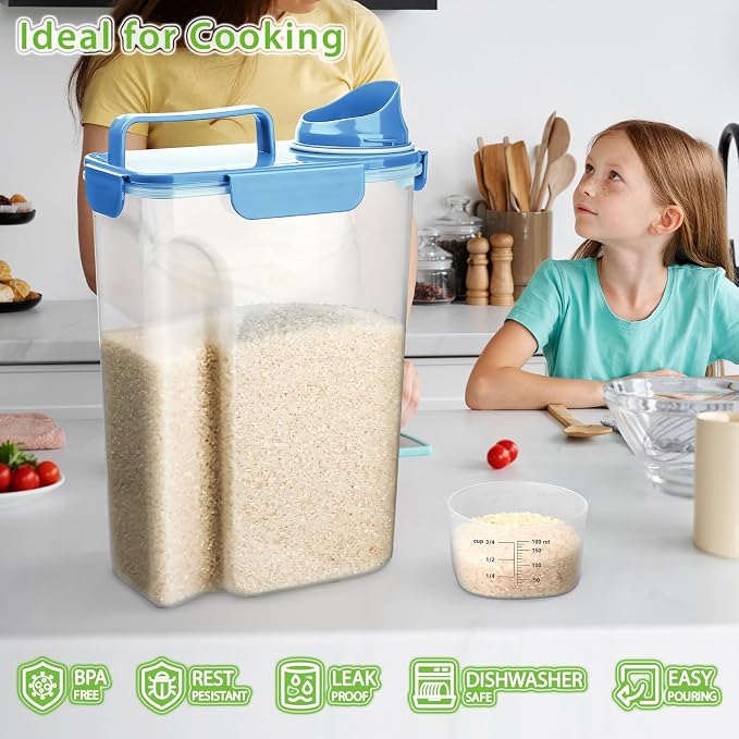 Viretec Rice Storage Container, 5 to 10lb Dry Food Airtight Dispenser, Pet Dog Cat Food Canister, BPA Free Clear Plastic Kitchen and Pantry Bin for Oatmeal, Cereal, Pasta, Flour Pack of 2 Blue - Image 5