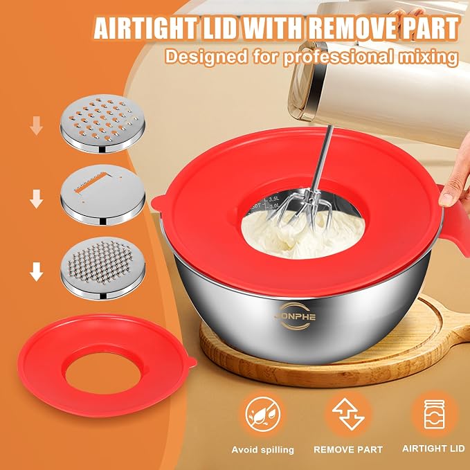 Stainless Steel Mixing Bowls with Airtight Lids, Nesting Bowls Set, 3 Grater Attachments & Non-Slip Silicone Bottoms, Size 5, 2.5, 2,1.5, 1, 0.7QT, Great for Mixing & Serving - Image 7