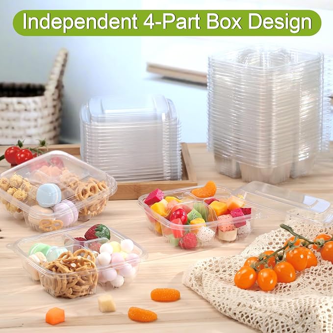 100 Pack 4-compartment Bento Snack Boxes with Lids Divided Lunch Containers for Travel School Camping Outdoor Home (Clear) - Image 5