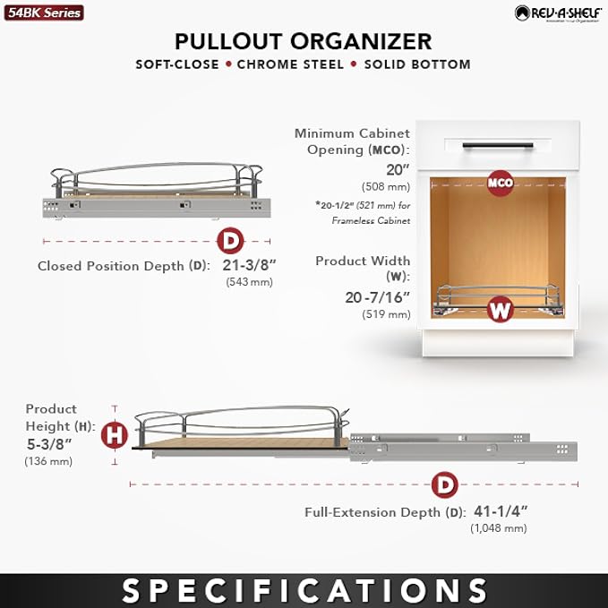 Rev-A-Shelf Pull Out Kitchen Cabinet Storage Organizer with Solid Bottom and Undermount Soft-Close Full Extension Slides, 54BK-21SC-1 - Image 5