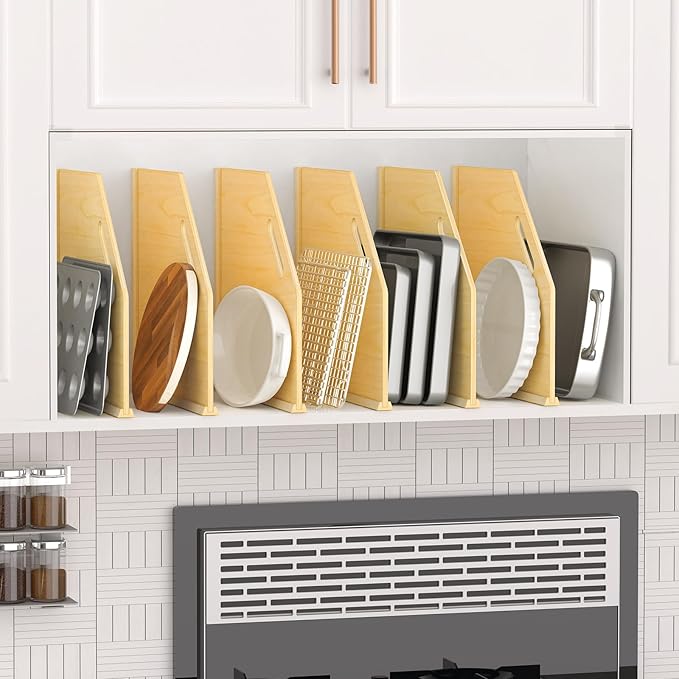 6 Pack Wood Tray Dividers Organizer For Kitchen Cabinet | Adjustable Vertical Cookie Sheet Organizer, Cabinet Dividers Organizer For Pots, Cutting Board, Pans, Lids, Baking Sheets - Image 7