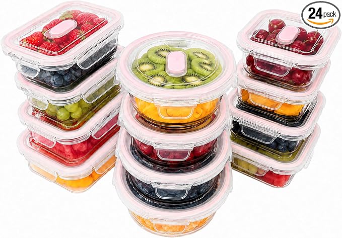 24-Piece Glass Food Storage Containers Set with Airtight lid, Glass Meal Prep Containers, Easy Stack Containers, Durable Glass Container-From Fridge directly to Oven and Dishwasher Safe (Pink) by DASAAN