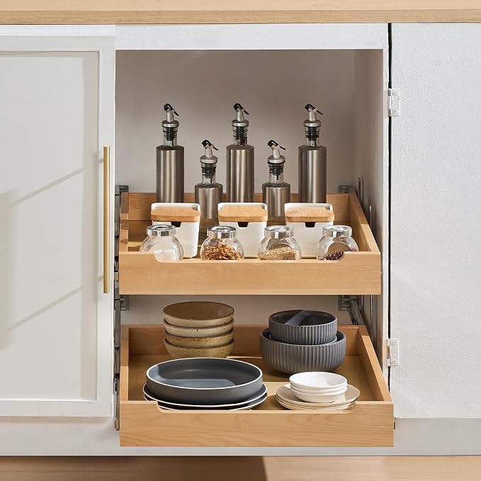 VEVOR 2 Tier Pull Out Cabinet Organizer, 20" W x 21" D Cabinet Drawer, Soft Close Slide out Shelf, Heavy-Duty Sliding Wood Drawer, Adjustable Base Cabinet Organization for Kitchen Pantry Bathroom - Image 8