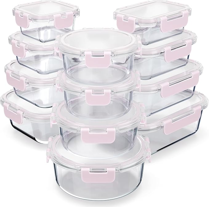 Bakken Borosilicate Glass Food Storage Containers with Lids 24 Pieces, BPA-Free Stackable Lunch & Leftover Containers, Microwave, Freezer & Dishwasher Safe, 100% Airtight Leak-Proof, Pink by BAKK%C3%8BNMASTER