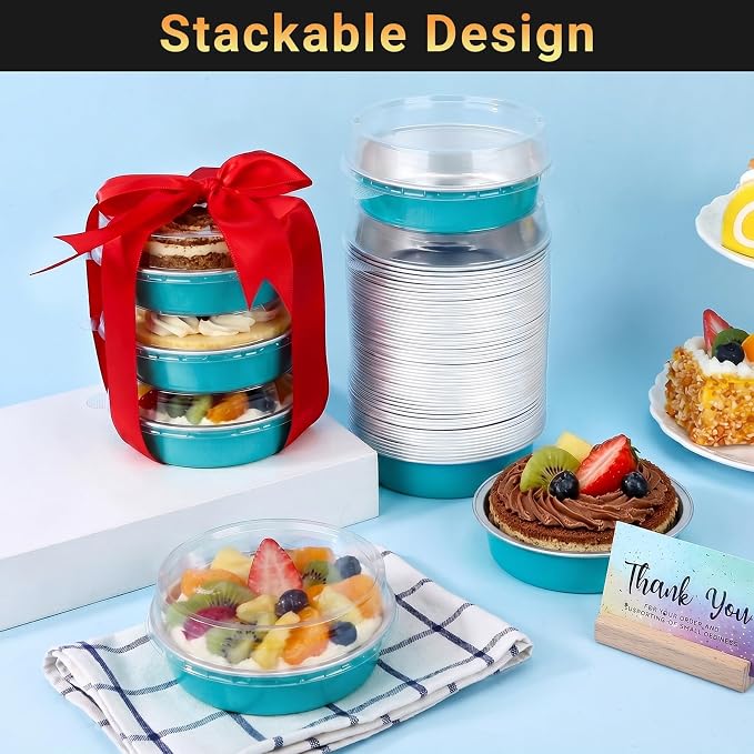 Beasea 4 Inch Mini Pie Tins with Lids, 50 Pack 7.3 Oz Aluminum Foil Baking Cups, 215ml Disposable Mini Tart Tins, Small Round Muffin Container Cheesecake Cups Pie Tart Pans - Blue Green - Image 5