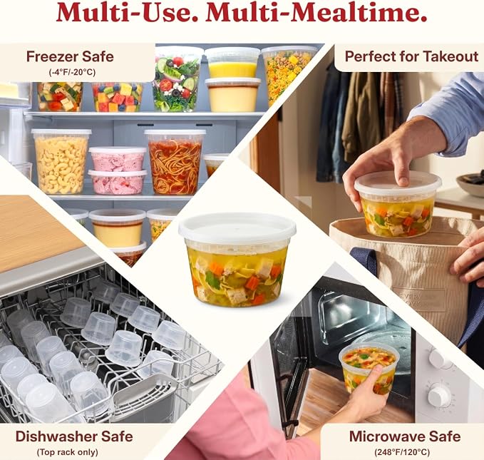 12oz Deli Containers with Lids (48 Set/96 Pcs) Small Fruit Cups with Lids, Freezer Microwave Safe, BPA-Free Stackable Airtight Leakproof Salad Dressing Condiment Dipping Sauce Cups - Image 4