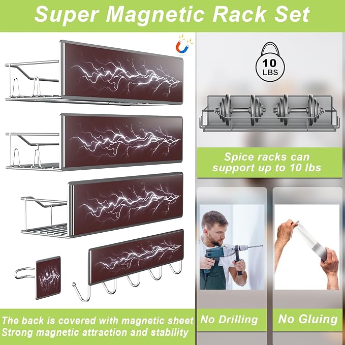 Magnetic Spice Rack for Refrigerator, 9 Pack Magnetic Fridge Shelves W/Adjustable Paper Towel Holder, Hook Rack, Moveable Spice Organizer Shelf for Kitchen Organization and Storage (Grey) - Image 3