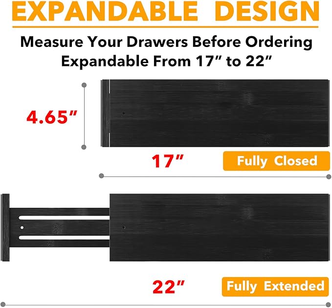 SpaceAid Bamboo 4 Pack Dresser Drawer Dividers, 4.65“ High Adjustable 17“-22” Drawer Organizers, Expandable Organization for Clothing, Clothes, Dressers, Black - Image 3