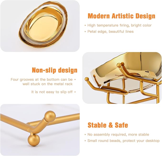 Ceramic Fruit Bowl for Kitchen Counter - 3 Tier Fruit Basket with Metal Stand, Tiered Fruit Stand for Countertop, Snack, Nuts, Cake, Dessert, Small & Cute (Gold & White,Small) 2 - Image 5