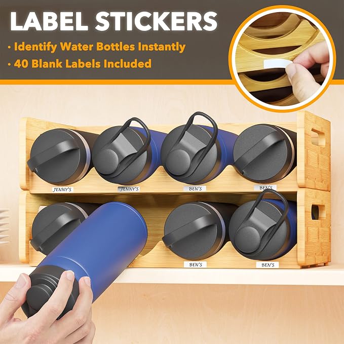 SpaceAid Bamboo Water Bottle Organizer with Labels, Kitchen Pantry Water Bottle Storage Rack for Cabinets, Home Cup and Wine Bottle Holder Shelf Organizers, 2 Pack 4-Slot, Hold 8 Bottles - Image 4
