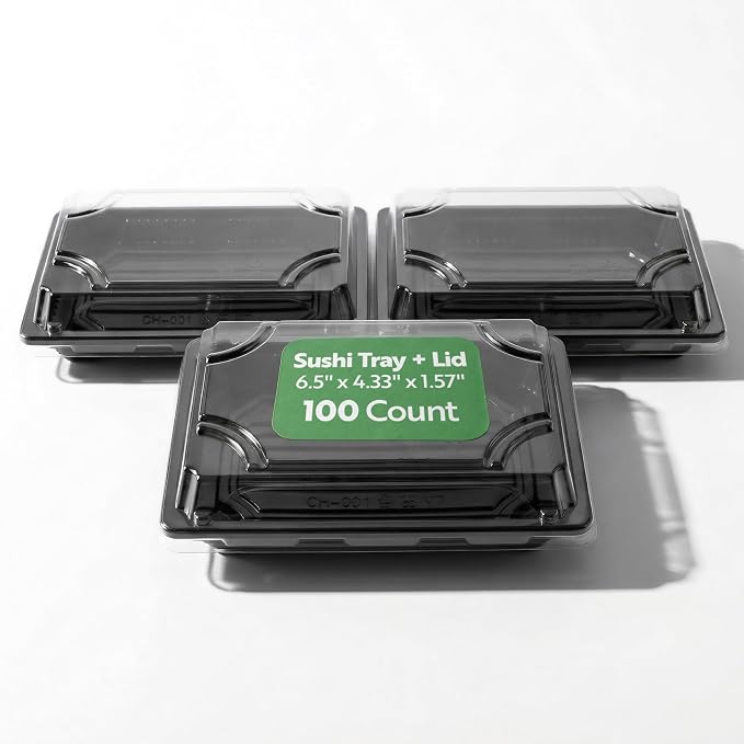 Restaurantware Plastic Sushi Trays 100 Pack of 6.5 x 4.33 x 1.57 Inch With Clear Lids Leak-Resistant Sushi Take Out Boxes Stackable Containers For Grab-And-Go by Restaurantware