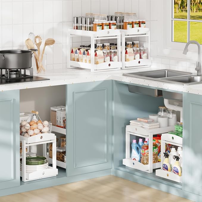 2 Pack Bamboo Under Sink Organizer, 2-Tier Sliding Drawers for Cabinets | Pull-out drawers keep cleaners and tall bottles visible, organized and easy to reach in kitchen or bathroom cabinets - Image 3
