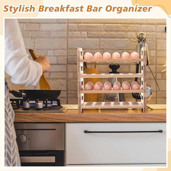 Reallnaive 4 Tier Wooden Egg Holder for Countertop, Bamboo Stackable Fresh Eggs Storage Farmhouse Collecting Rack for Gathering Kitchen Organizer or Easter Egg Display, Stackable with 72 Eggs(Wood) - Image 5