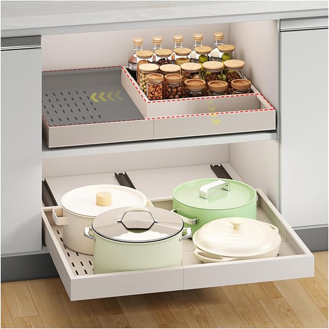 Fokyfok Pull out Cabinet Organizer,16"-21"W,13"-17"D,Expandable,Adhesive | No Drill,3 Rails,Adjustable Slide out Drawers for Kitchen,Pantry,Roll out Shelves,for Cabinets Without Lip,Bathroom,White,1PC by Fokyfok
