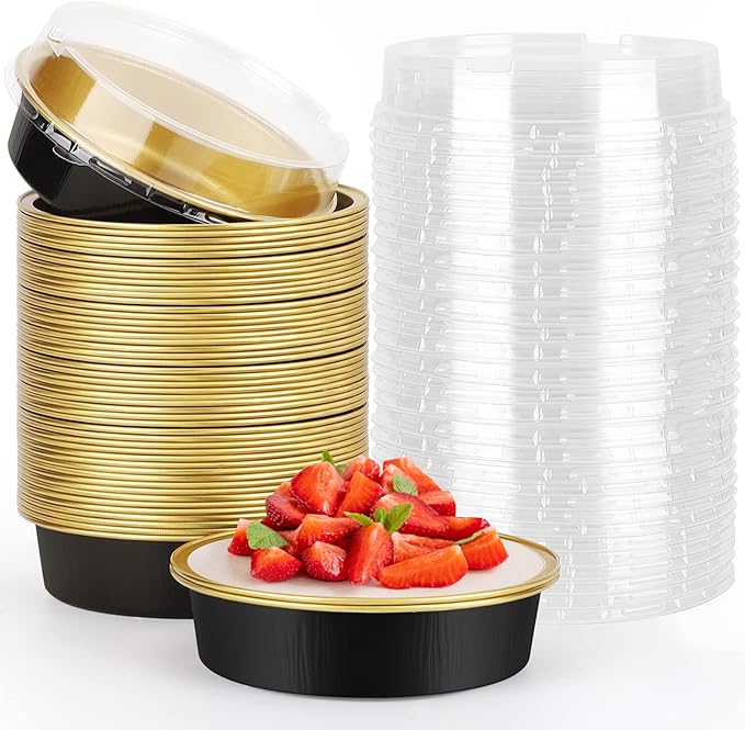 Beasea Aluminum Cupcake Pans With Lids, 4 Inch 50 Pack Disposable Pie Pans For Cake, 8 Oz Aluminum Pie Pan Tin Black Golden Tart Pans Round Oven Baking Mini Cake Pan For Pie Tart Quiche by Beasea
