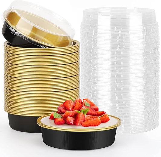 Beasea Aluminum Cupcake Pans With Lids, 4 Inch 50 Pack Disposable Pie Pans For Cake, 8 Oz Aluminum Pie Pan Tin Black Golden Tart Pans Round Oven Baking Mini Cake Pan For Pie Tart Quiche by Beasea