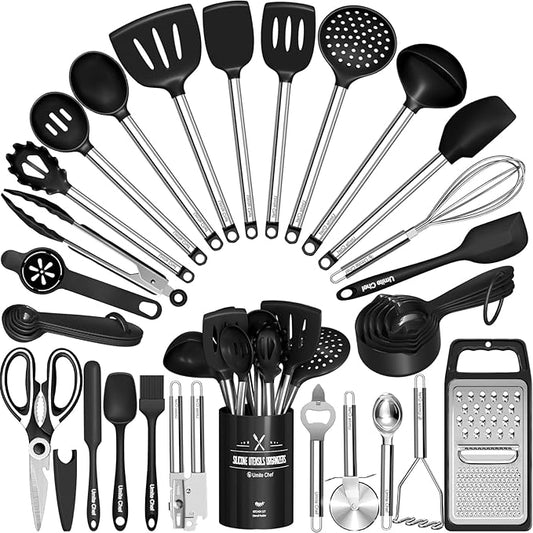 Umite Chef Thickened Kitchen Utensils Set- Silicone Cooking Utensils Set for Nonstick Cookware-Silicone Spatulas Set, Heavy Duty Stainless Steel Handle-Black Kitchen Gadgets Tools Set by UmiteChef