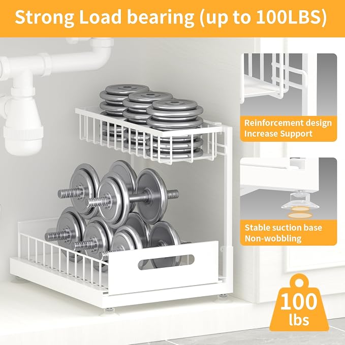 L-Shaped Under Sink Organizer, 2-Tier Pull-out Cabinet Rack 1-Pack | White Height-Adjustable Steel Rack, Sliding Grid Drawers with PP Liners, Holds 100 Lbs, Suction Base, Ideal Kitchen Storage - Image 4