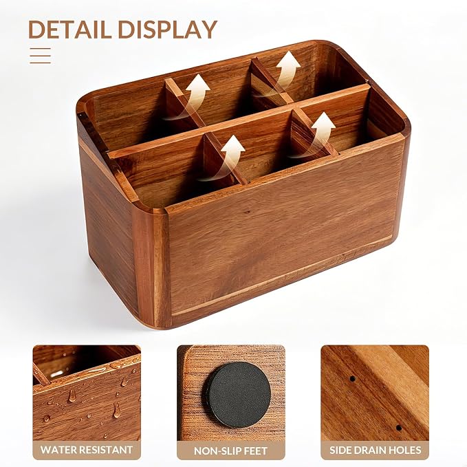 Wooden Kitchen Utensil Holder Organizer for Counter or Countertop, Large Wooden Utensil Holder for Storage Cooking and Silverware with 6 Compartment, Acacia Rustic Wood Container Extra Large - Image 3