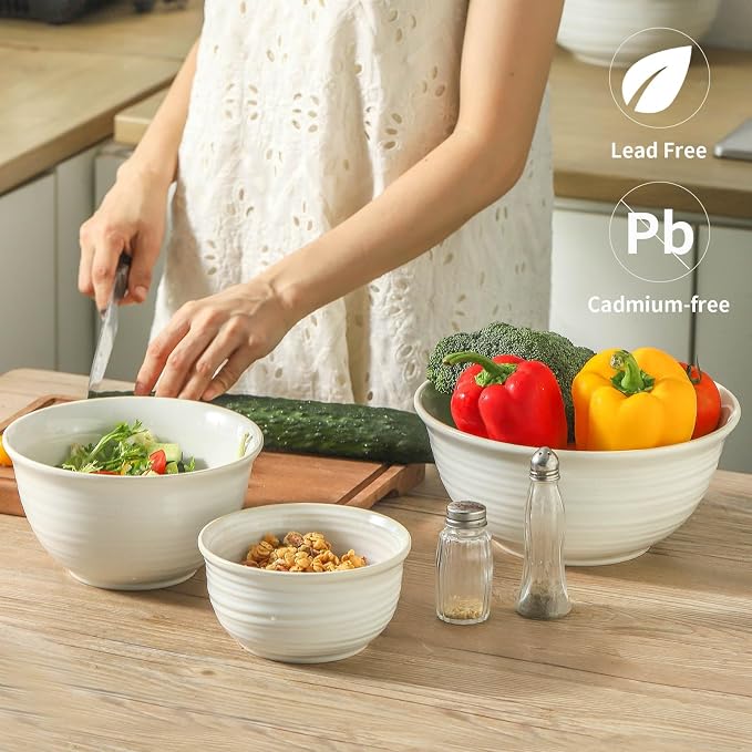 HASENSE Ceramic Mixing Bowls Set, 2.1/1.0/0.5 Qt, Handmade Salad Serving Bowls for Kitchen, Deep Nesting Dishes for Storage and Baking, Microwave Dishwasher Safe, Clay-Infused White - Image 4