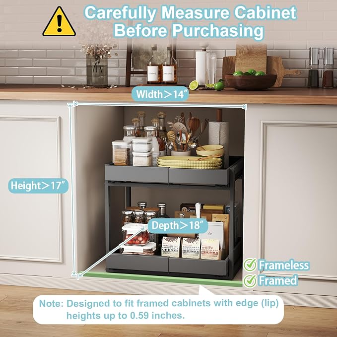2-Tier Expandable Pull Out Cabinet Organizer, Cabinet Drawers, 16"D | Cabinet Pull Out shelves, Adjustable Pantry Drawers, Slide Out Drawers for Kitchen Cabinets, Under Sink Organizer, Black - Image 5
