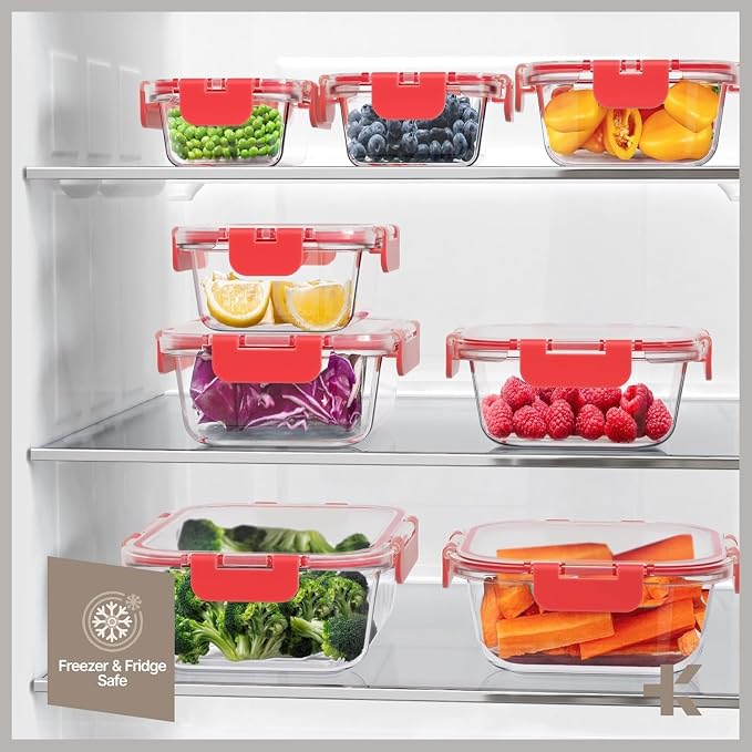 Bakken Borosilicate Glass Food Storage Containers with Lids 24 Pieces, BPA-Free Stackable Lunch & Leftover Containers, Microwave, Freezer & Dishwasher Safe, 100% Airtight Leak-Proof, Red - Image 10