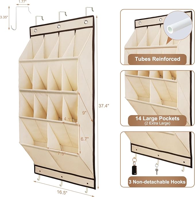 FENTEC 2 Pack Over the Door Shoe Organizer, Hanging Shoe Organizer, 28 Large Deep Pockets Door Shoe Rack with 6 Hooks Shoe Organizer for Shoes, Sneakers, and Home Accessories, Beige - Image 2