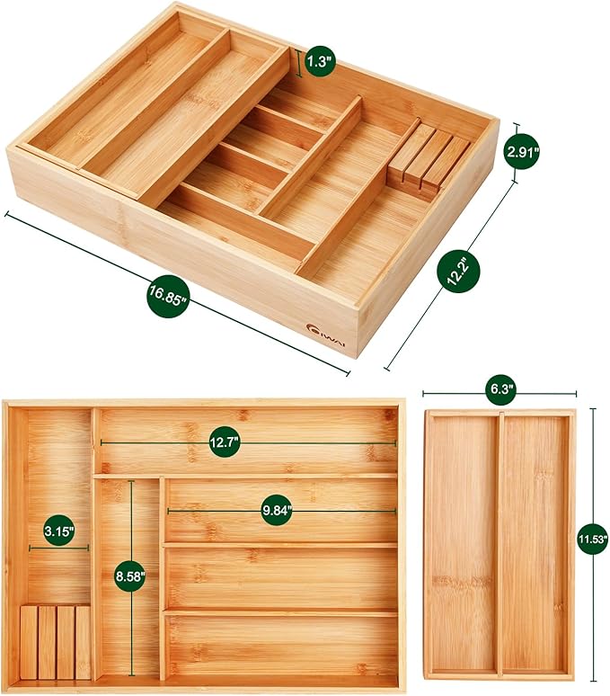 COIWAI Double Layer Bamboo Drawer Organizer Cutlery Utensil Silverware Drawer Organizer, cutlery Silverware Tray for Drawer, Utensil Holder Drawer Dividers for Flatware (L: 16.85 × 12.2 in) - Image 3